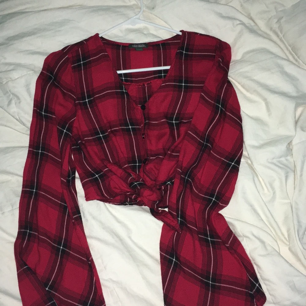 Red Plaid Long Sleeve Crop Top